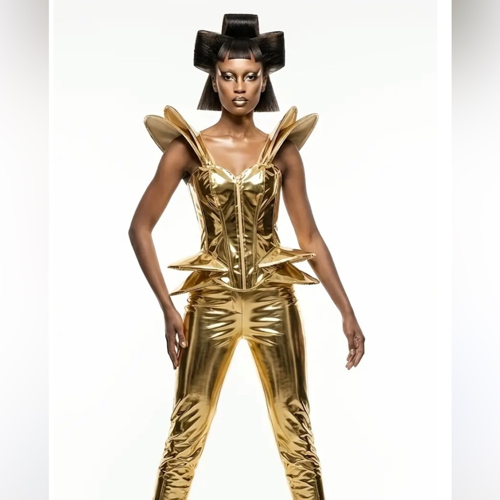 NEW! Gold Metallic Zip-Up Corset Steampunk Wings Costume Bumblebee Tie-Back SEXY
